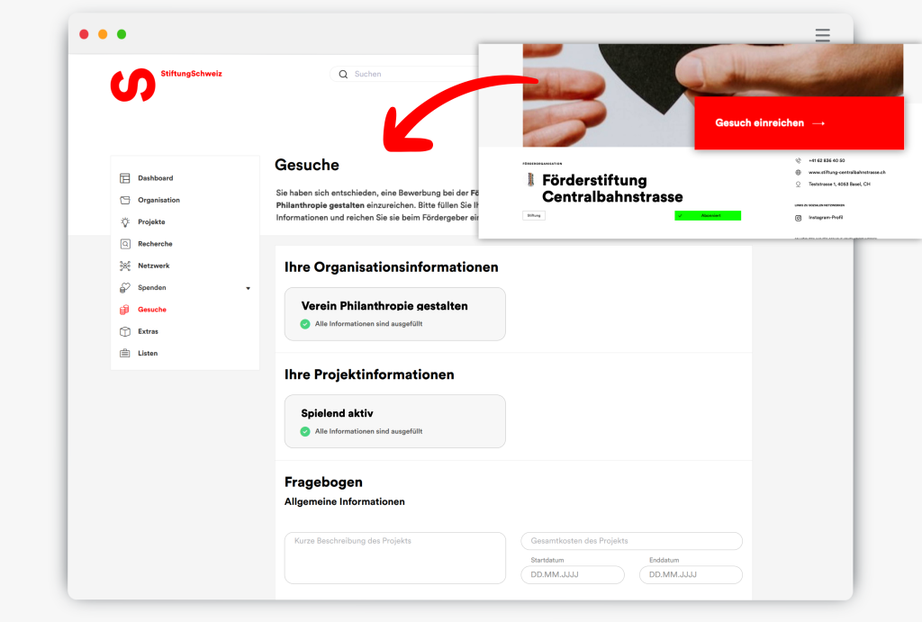 Darstellung der Stiftungssoftware aus Sicht der Nonprofits: Gesuche einreichen.