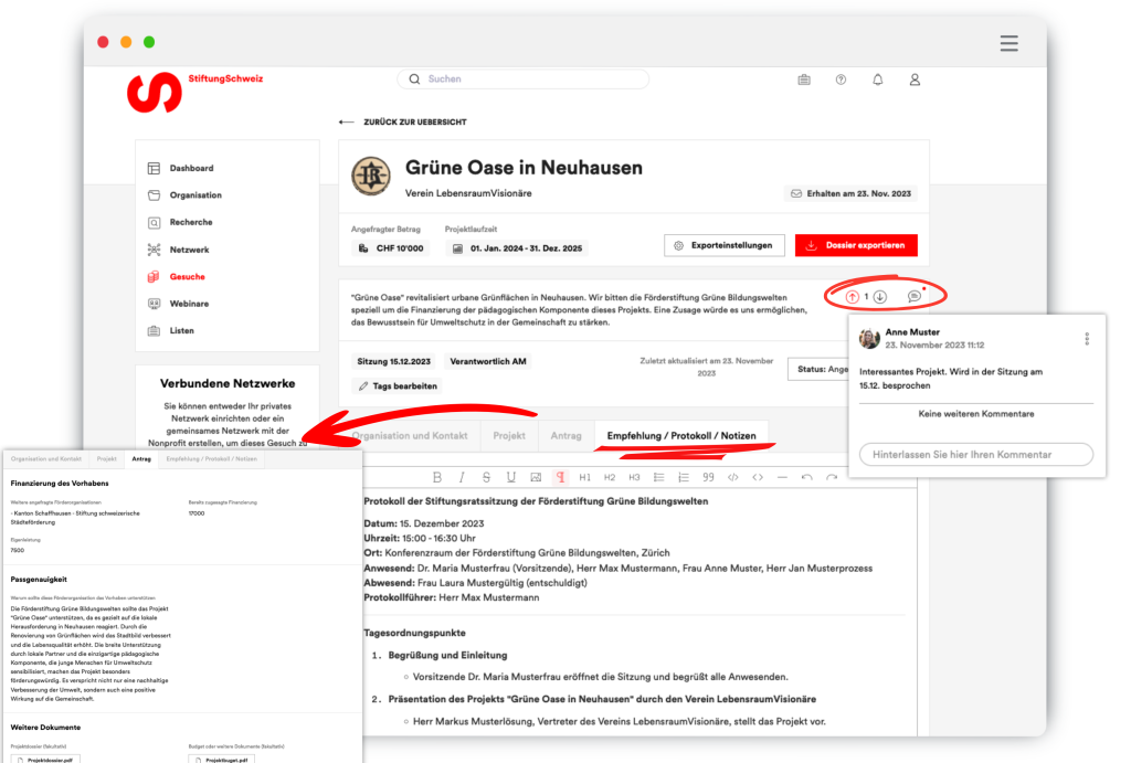 Darstellung der Gesuchsbearbeitungsfunktionen der Stiftungssoftware.